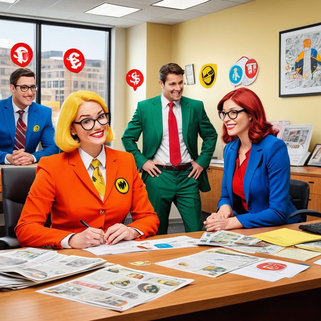 A vibrant collage of adult comic book characters engaging humorously with insurance-related themes, like discussing policies and claims in a quirky office setting. The artwork should have expressive faces and dynamic poses, incorporating iconic comic elements such as speech bubbles and exaggerated action lines. The background features a playful mix of insurance symbols like shields and dollar signs, all in bold colors that draw the eye. This image captures both the lightheartedness and the seriousness of insurance. comic art style. vibrant colors. dynamic composition.