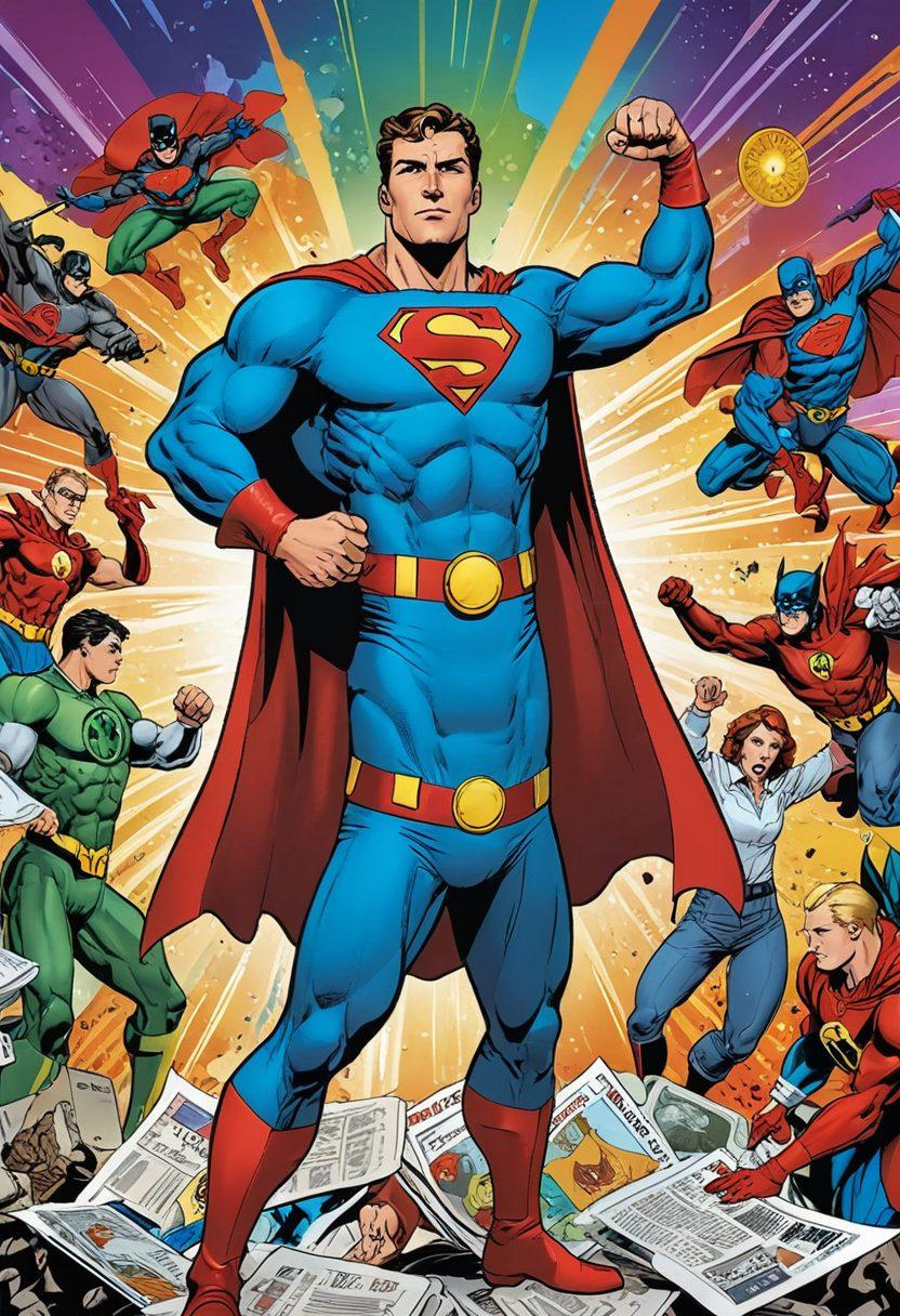 A vibrant comic-style illustration depicting a superhero holding an insurance policy, standing between two worlds: one with comic book art and the other with traditional insurance symbols like shields and coins. Include characters representing both comic enthusiasts and insurance agents engaging in a friendly discussion. The background should be colorful and dynamic, showcasing comic strips and policy documents blending together. comic book style. vibrant colors. detailed characters.