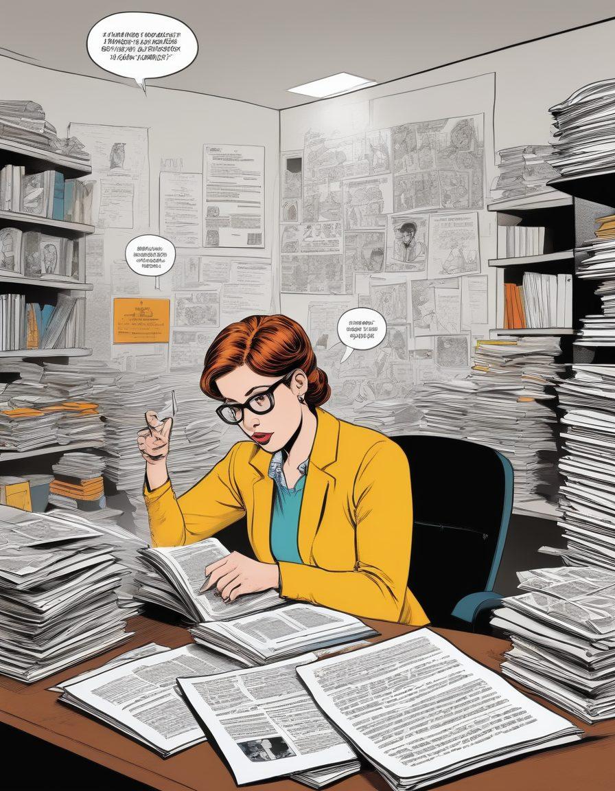 An office workspace with stacks of adult graphic novels showcasing intricate illustrations of insurance scenarios, a whimsical comic-style figure analyzing various policy documents, surrounded by floating thought bubbles containing symbols of coverage like shields and arrows, emphasizing creativity and insight in insurance. vibrant colors. comic book style.